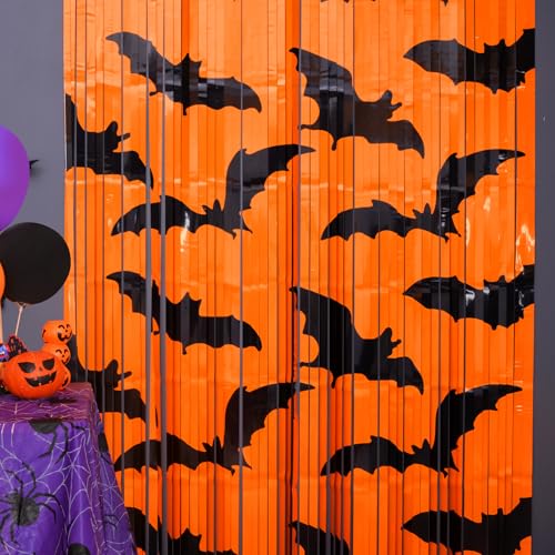Mega-L Halloween Party Decorations, 4 Packs Black Bat Pattern Orange Background Photo Booth Props, 3.3 x 6.6 ft Metallic Foil Fringe Curtains, Halloween Photo Backdrop Streamers Party Supplies