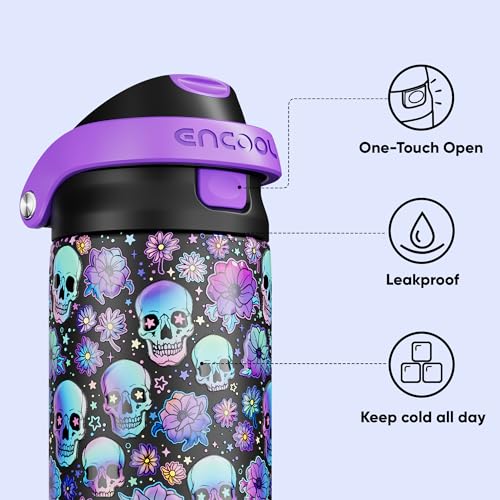 Image of Encool SwiftSip Insulated Stainless Steel Water Bottle with Straw - Leak Proof Sports Water Bottle for School, Travel, Keeps Cold All Day, One-Touch Flip Lid, BPA-Free, 24 oz, Floral Afterlife