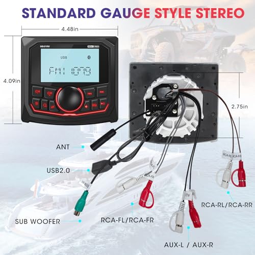 Image of Waterproof Bluetooth Radio for Golf Cart: DOVOX Boat Marine Gauge Stereo - 2.8 Inch LCD Display AM FM USB AUX Subwoofer 200W Output - Gift for Golfer