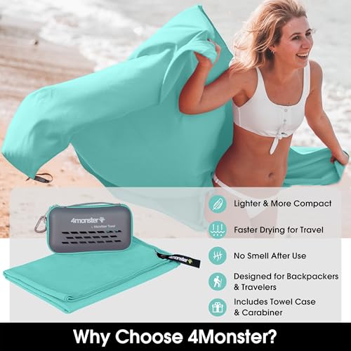 Image of 4Monster Quick Dry Travel Towel with Case & Carabiner - Super Absorbent Microfiber Gym & Camping Towel. Compact, Lightweight, Fast Drying for Beach, Swimming, Hiking, Backpacking