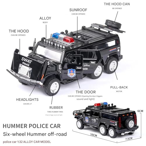 Image of FEXXA 🥰Exclusive Alloy Metal Pull Back Die-cast Car Scale Model with Sound Light Mini Auto Toy for Kids Metal Model Toy Car with Sound and Light [ New Version ] (1.32 Scale Hummer Police -Black)