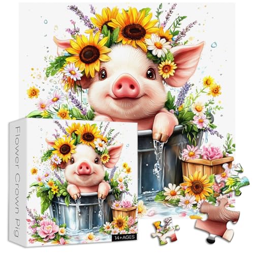 Rompecabezas de flores para adultos 1000 piezas, Larkipuzz rompecabezas de cerdito lindo con tema artístico de flores y plantas coloridas, desafiante para adultos miniatura 2