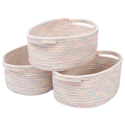 Image of JMvicyroam Small Woven Basket, Empty Gift Basket, Colorful /3 Pack | Small Gift Basket, Cotton Rope, 12 x 8 x 50 in, Handles, Includes Ribbon and Bag, Birthday Gift Basket