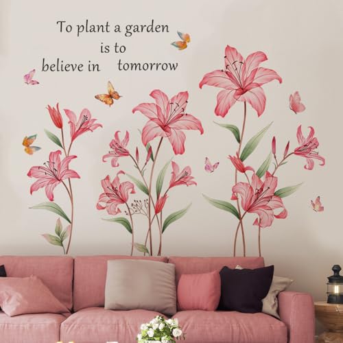 Vinilo Decorativo Flor Lily Grande Rosa con Mariposa miniatura 3