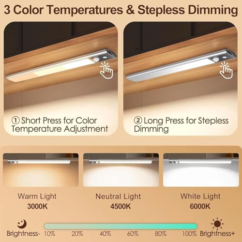 Image of FLYNGO Motion Sensor Under Cabinet LED Light, 3 Color Modes Wireless Rechargeable Closet Light with Stepless Dimming for Under Counter, Kitchen, Cabinet, Wardrobe, Bedroom, Cupboard (30 CM)