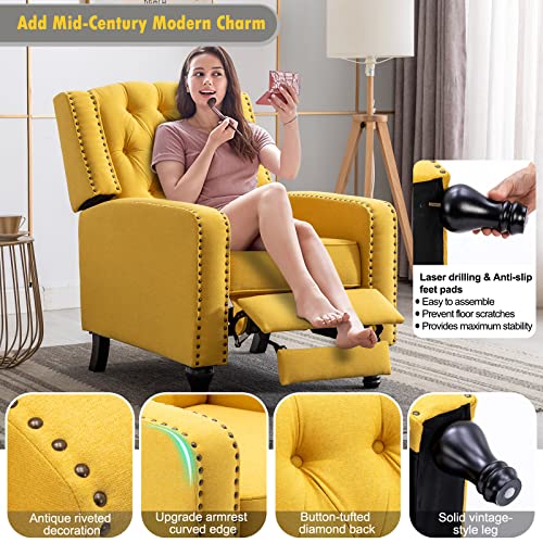 Vicluke Tufted Pushback Recliner Chair, Modern Linen Accent Chair With Rivet Decoration, Mid-Century Armchair Single Reclining Sofa With Solid Wood Legs, Padded Seat For Living Room, Bedroom (Yellow) #TOP4