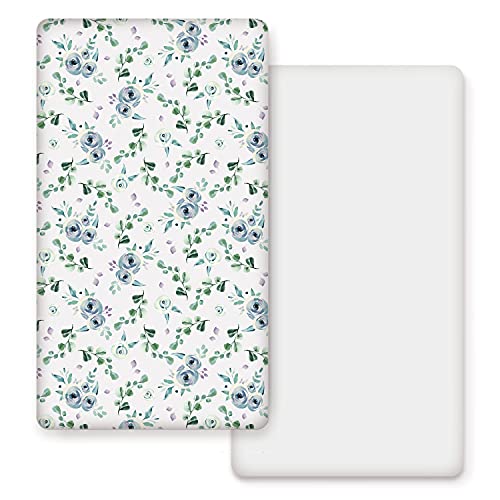 Image of GRSSDER Stretchy Ultra Soft Jersey Knit Fitted Crib Sheets Set 2 Pack, Cozy Crib Sheet Fits All Standard Crib Mattress Pads, Blue Rose Print