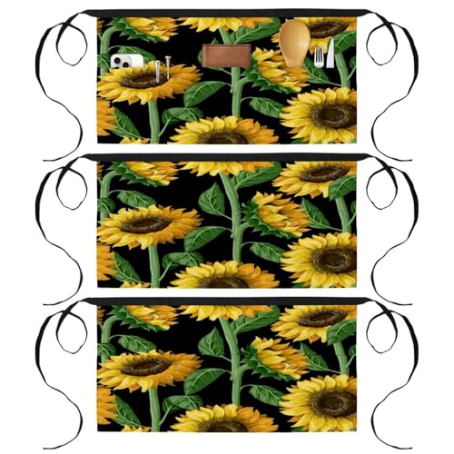 Tabliers courts de chef à 3 poches lot de 3 demi-tabliers de cuisine tournesol 60x30.5cm