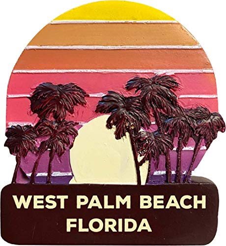R and R Imports West Palm Beach Florida Trendy Souvenir Hand Painted Resin Refrigerator Magnet Sunset and Palm Trees Design 3-Inch Approximately