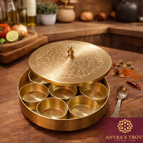 Image of ANYRA'S TROVE Pure Brass Spice Box Set with Spoon(7 Containers) Pital Masala Box For Kitchen|Spices Masala dabba|Masala Dani|Anjarai Petti|Namak Dani|Container|gifting for Home