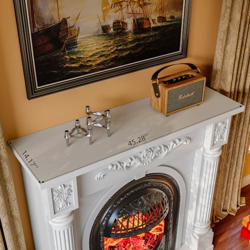 Image of 45 Inch Electric Fireplace with Mantel, Solid Wood Fireplace TV Stand, Roman Column Fireplace Entertainment Center, Electric Fireplace Heater with Black Birdcage Insert for Living Room, White