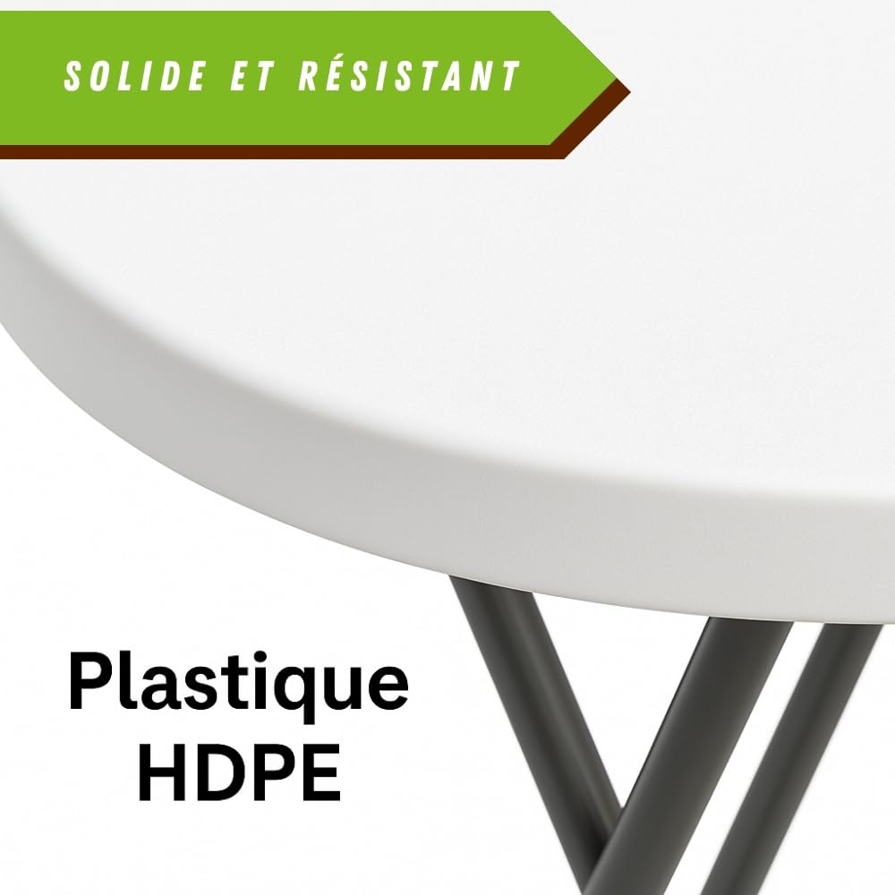 TERRE JARDIN - Table Pliante Mange Debout, Plateau HDPE Ø81 cm - Table Pliante Exterieur/Interieur 110 cm - Table de Jardin Pliante Blanche, Buffet, Fêtes, Camping - Stable et Robuste