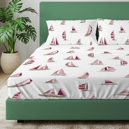 Image of Urban Space 144 TC Divine 100% Cotton Bedsheet for King Bed, Cotton Bedsheet with 2 Pillow Covers (Size 108 x 108 inches, Ocean Boats Maroon, King Size)