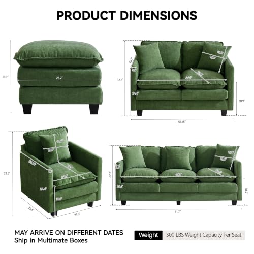 Image of Cloud 3 Pieces Sofa Set, 1+2+3 Seater Couch, Modern Sofas Sets with Deep Seat, Modular Sectional Couches Sets for Living Room, Bedroom, Small Apartment, Dark Green