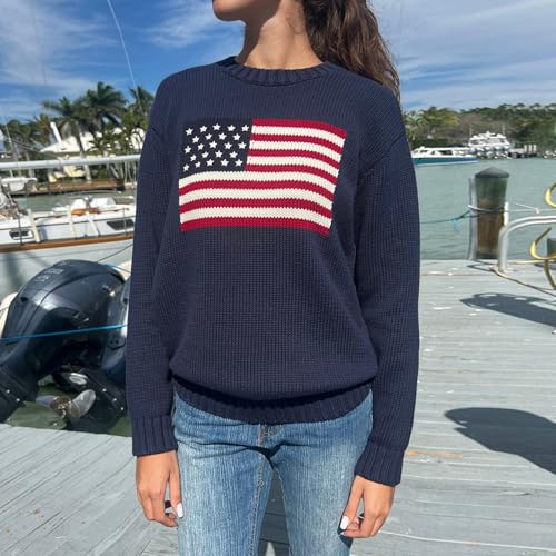 Image of Womens American Flag Sweater Long Sleeve Crew Neck Star Graphic Knit Pullover Tops Casual Loose USA Sweater