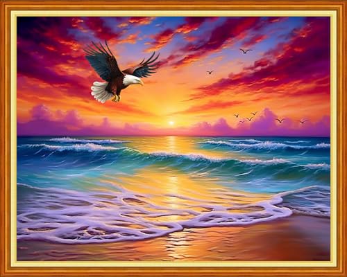 Image of Dooxvey Cross Stitch Kits for Adults Beginners,Full Range of Cross-Stitch Stamped Kits Needlepoint Kits for Beginners Embroidery Kits 11CT Cross Stitch Patterns-Sunrise by the Seaside 16x20 inch