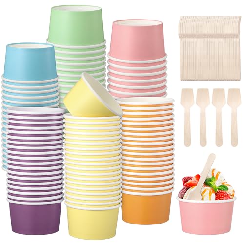 Kochorie 120 Pack 6oz Pastel Paper Ice Cream Cups with Spoons Colorful Party Paper Cups Disposable Dessert Sundae Bowls for Ice Cream Snacks Picnic Party Supplies