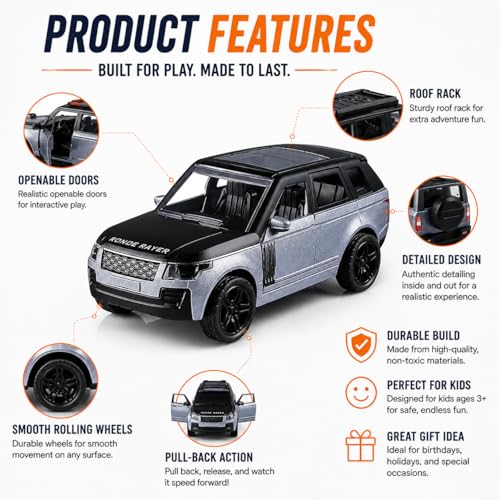 Image of Braintastic Model Diecast Car Toy Vehicle Pull Back Friction with Openable Doors Light & Music Toys for Kids Age 3+ Years (Range Rover Small Grey)