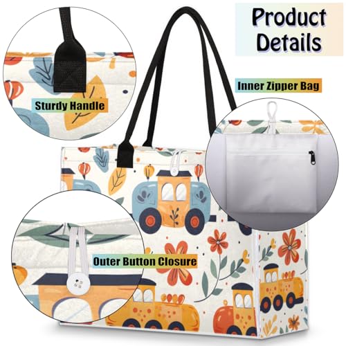 Cartoon Train Flowers Tote Bag for Women Large Beach Bag Reusable Tote Bags for Work Travel Beach Shopping4