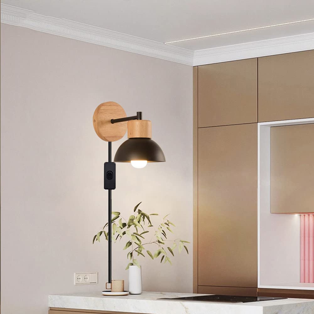 NIUNIAJ Applique Da Parete In Legno Con Paralume Tessuto - Lampada Con Spina E Intervallo, E27, Per Camera Da Letto E Soggiorno