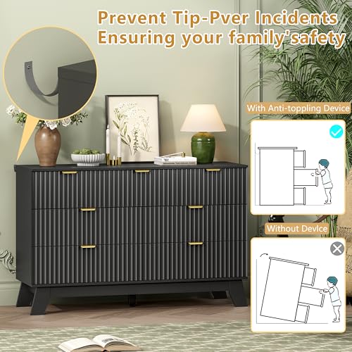 Image of Wodeer 7 Drawer Fluted Dresser for Bedroom, Mid Century Modern Dresser with 7 Drawers, Dressers & Chests of Drawers with Metal Handle, TV Stand & Storage Organizer for Entryway, Hallway, Black