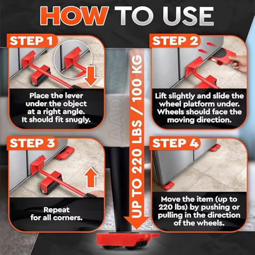 Image of Furniture Lifter Tool Set with Carbon Steel Lever, Rubber Grip Handle & 4 ABS Plastic Roller Wheels, Supports up to 100 kg, Heavy Duty Moving Kit for Washing Machine, Sofa & Bed, Easy Shifting