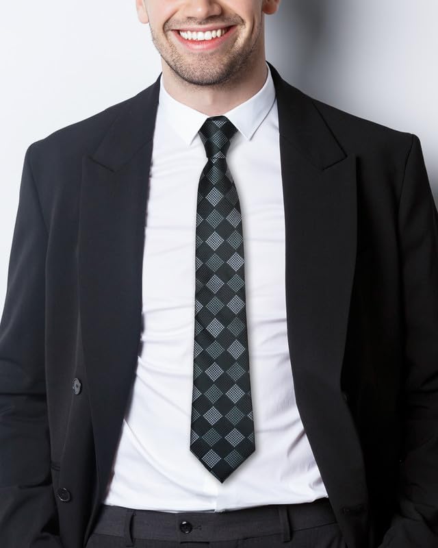 Image of Axlon Tie for Men - Micro Silk Neck Ties Set with Cufflinks Flower Pin, Pocket Square & Black Gift Box, Combo Necktie Sets for Office Wear, Formal Suits & Weddings (0, Checkpn)