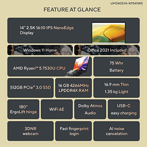 Image of ASUS Zenbook 14 (2023), AMD Ryzen 5 7530U, Thin & Light Laptop, 14 inch (35.56 cm) 2.5K,(16GB RAM /512GB SSD /Windows 11 /Office 2021 /Alexa Built-in /Backlit KB /FP Sensor /Jade Black /1.35 kg), UM3402YA-KP541WS