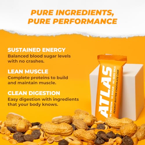 Image of Atlas Real Food Protein Bar - 20g Protein, 9g Fiber, 1g Sugar, No Seed Oils, No Artificial Sweeteners (Peanut Butter Chocolate Chip, 60 Count)