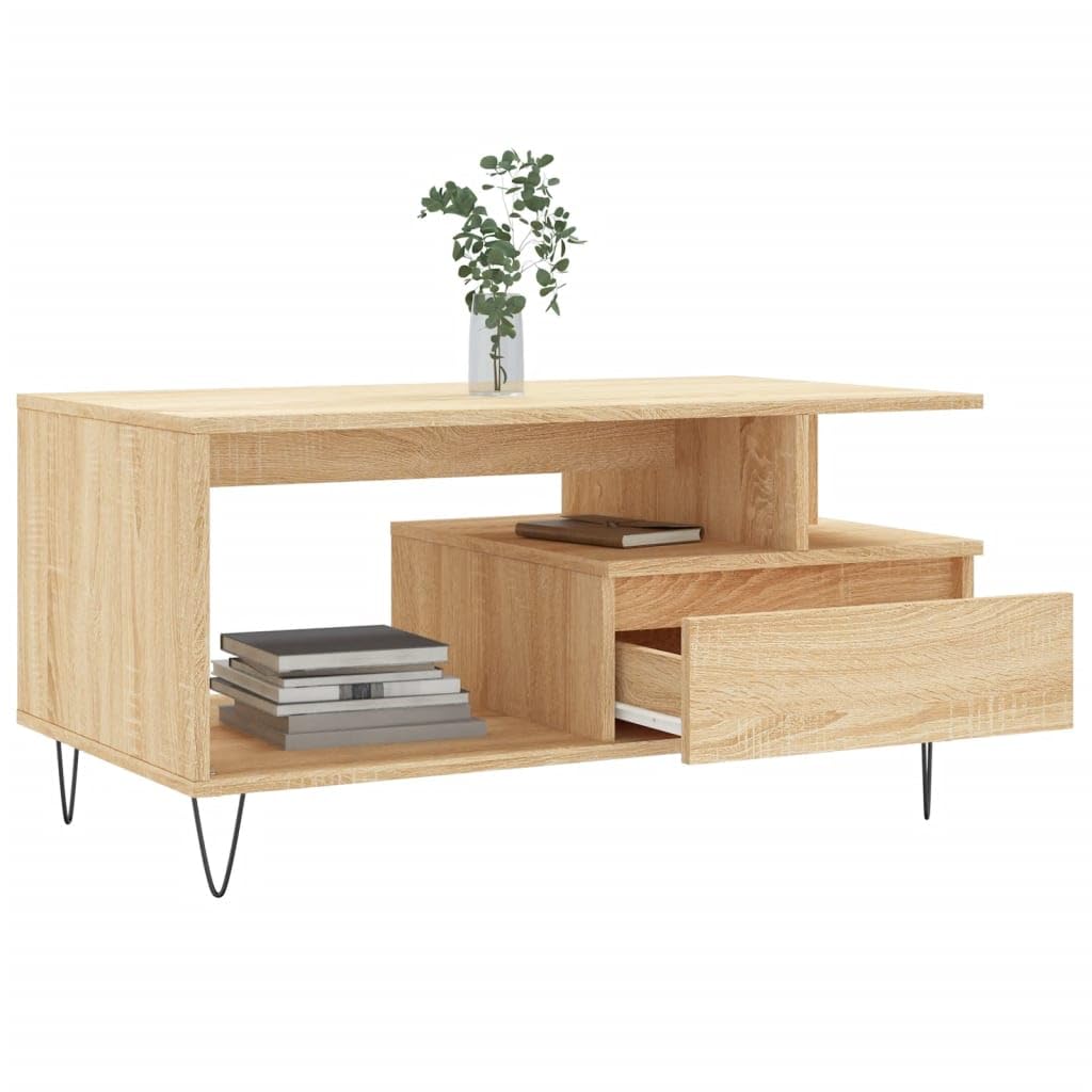 AUVYI Mesa de centro con cajón de roble Sonoma, 90 x 49 x 45 cm, material de madera y metal, mesa de salón con cajones, mesa auxiliar, mesa de sofá, aparador de madera