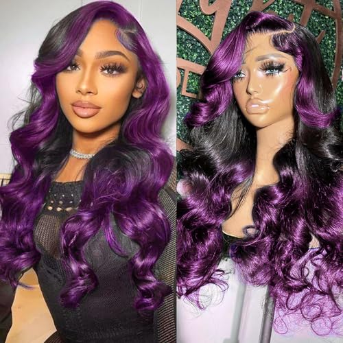 Goldfinch Skunk Stripe Wigs Human Hair Lace Front Purple Highlights Wig 13x4 HD Lace Front Wigs Dark Burgundy Highlight Body Wave Lace front Wig 150% Density Pre Plucked with Baby Hair 18 Inch