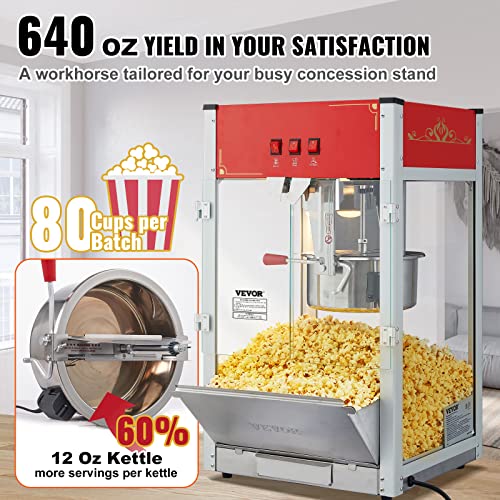 VEVOR Commercial Popcorn Machine, 12 Oz Kettle, 1440 W Countertop Popcorn Maker for 80 Cups per Batch, Theater Style Popper with 3-Switch Control Steel Frame Tempered Glass Doors 1 Scoop 2 Spoons, Red by VEVOR - Image 3