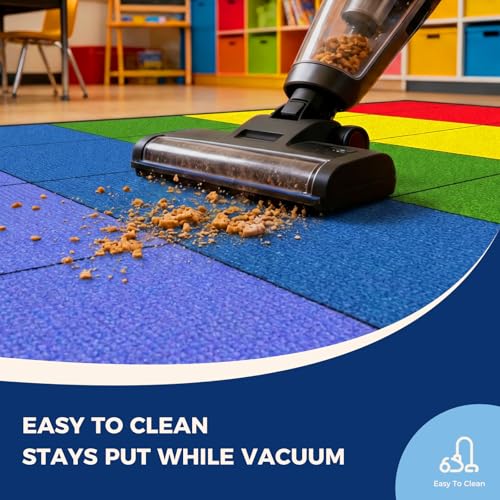 Image of Booooom Jackson Classroom Rug - 7'6''x13' Rainbow Preschool Classroom Carpet with Seating Squares, Non-Slip & No-Trip Edges, Vibrant Colors for Kids Playroom Floor Mat