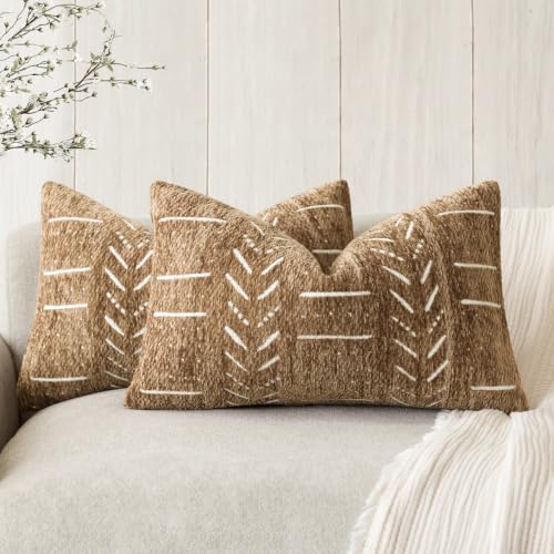 Image of Foindtower Set of 2 Decorative Chenille Jacquard Throw Pillow Covers Textured Farmhouse Lumbar Cushion Covers Neutral Boho Accent Home Decor for Sofa Chair Couch Bedroom Living Room,12x20 Inch,Bronze