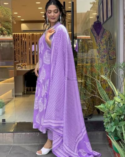 Image of PARTHVI Women's Rayon Blend Anarkali Printed Kurta with Pant & Dupatta & Dupatta
