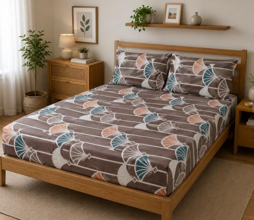Image of Fitted Bedsheet Brown Multicolor Geometric Fan Print Glace Cotton 210 TC |Queen Size for Double Bed Fits 5 x 6.5 ft Mattress (60 x 78 Inch) | All Around Elastic | 2 Pillow Covers | 10 Inch Deep Pocket