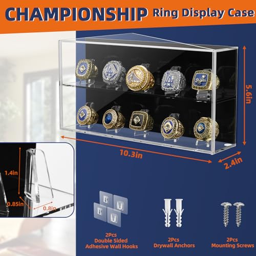 Championship Ring Display Case, 10 Ring Slots Baseball Ring Display Box Acrylic Baseball Ring Holder Wall Mount Shadow Box, Large Display Stand Case Organizer for Sports Ring Storage Display (Acrylic)