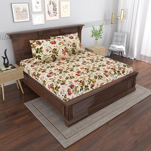 Image of Mafatlal Saanjh 144 TC Cotton Double Bed Sheet Summer Collection 95x108 Inch | Floral Pattern Finish | Airy Comfortable Weave | Hand Crafted |Pillowcase Included | Beige Premium Bedding Essential