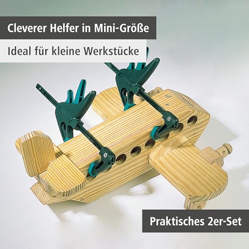 wolfcraft Mini-Einhandzwingen - 3455100 - Zwingen Set zum Fixieren von kleinen Werkstücken - 2 Stück - Anwendung mit nur einer Hand - für Hobby und Bastelprojekte - 30 kg Spannkraft
