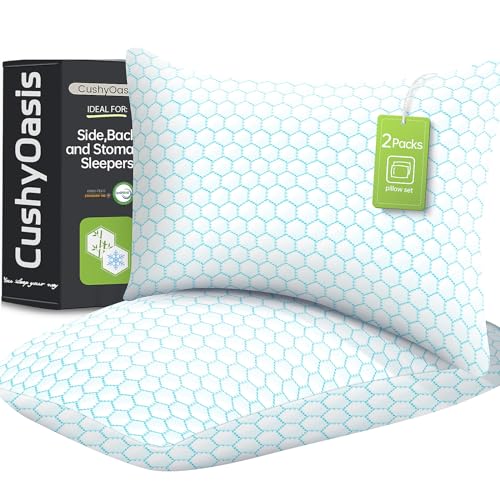 Shredded Memory Foam Pillow for Sleeping, Cooling Bed Pillows Set of 2, Adjustable Pillows for Side, Back, Stomach Sleepers with Washable Pillowcase (Queen Size, Blue)