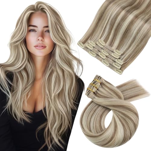 Moresoo Clip in Human Hair Extensions Light Brown with Platinum Blonde Clip in Hair Extensions Balayage Remy Human Hair 18 Inch 7 Pieces/120g #9A/60