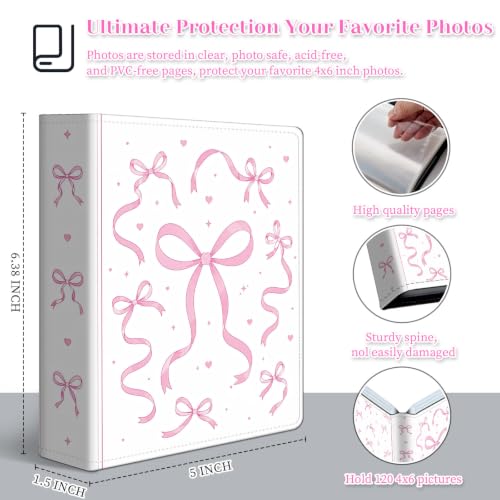 Image of Photo Album 4x6 120 Pockets Pink Ribbon Bow Pattern | 120 clear 4x6 photo pockets, strong elastic band, compact album, family travel wedding use, pink ribbon bow cover