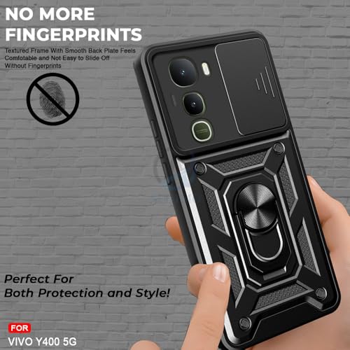 Image of AESTMO Tough Armor Vivo Y400 5G Bumper Back Case Cover | Ring Holder & Sliding Camera Shield Cover | 360 Degree Protection Back Case Cover for Vivo Y400 5G (Black)