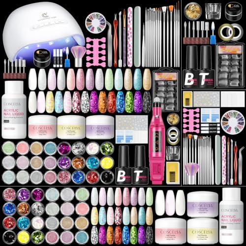 Image of 58PCS Acrylic Nail Kit for Beginners with Everything, 3 Colors Professional Acrylics Powder with Drill and U V Light 24pcs Glitter Decoration Complete Acrylic Nail Set Home Salon Design Gift Set