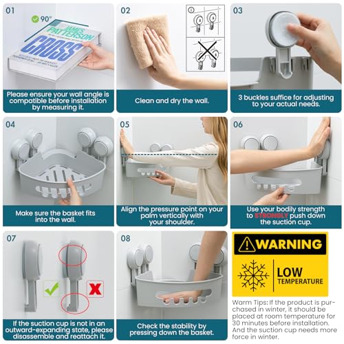 Image of TAILI Corner Shower Caddy with Suction Cups, Wall Mounted Organizer Plastic Rack for Small Bathrooms, Kitchen, Removable Drill-Free Heavy Duty Shelf Basket, Grey