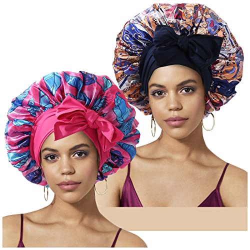 2PCS Satin Bonnet Silk Bonnet Sleeping Cap with Long Wide Tie Band for Women Adjustable Extra Large Bonnet for Curly Hair Silk Hair Bonnet for Sleeping Satin Bonnet Stretchy Tie Band