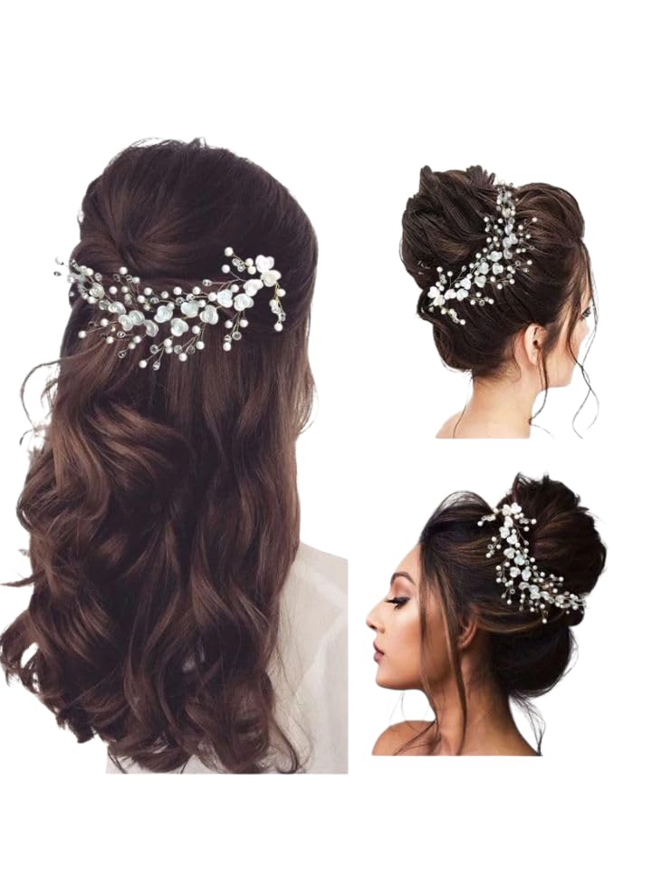 Bridal Hair Accessories, Pearl and Crystal Flower Design, Silver White Hair Pins and Clips for Wedding