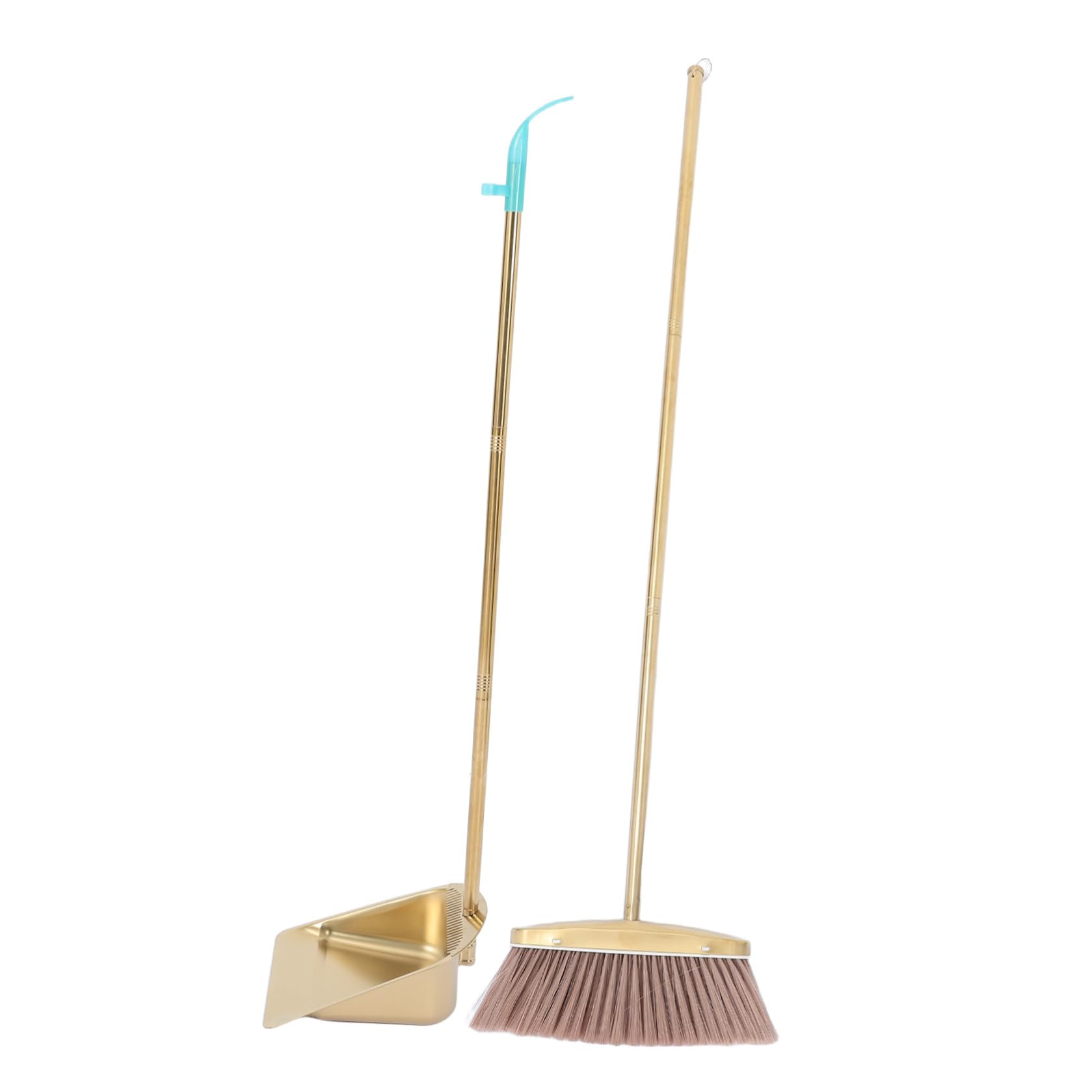 SHINEOFI Schwerer Besen mit Langem Griff und Goldfarbenem Edelstahl Inklusive Kehrschaufel mit Kammzähnen Praktisches Reinigungsset für Haushalt und Garten