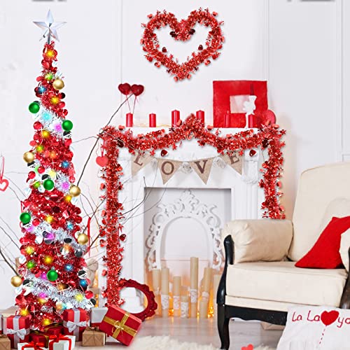 5 Ft Pencil Valentines Day Tree With Lights Timer Balls Ornaments 50 Multi- Color Led 3D Star Sequins Tinsel Full Tree Decorations Home Indoor Outdoor Holiday Room Valentines Day Decor(Red Silver) #TOP4