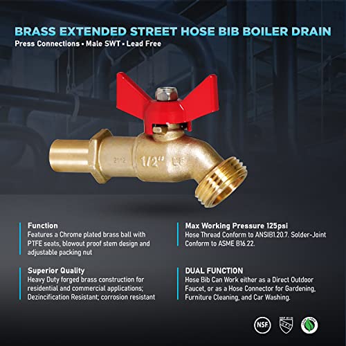 Image of Midline Valve Brass Extended Street Hose Bib Boiler Drain, 1 /2'' SWT /Press, (5 Pack)